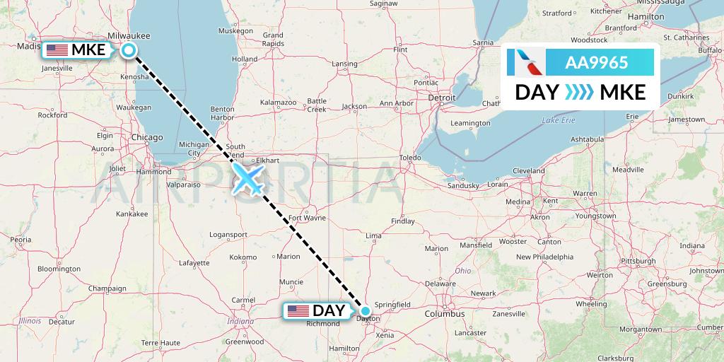 AA9965 American Airlines Flight Map: Dayton to Milwaukee