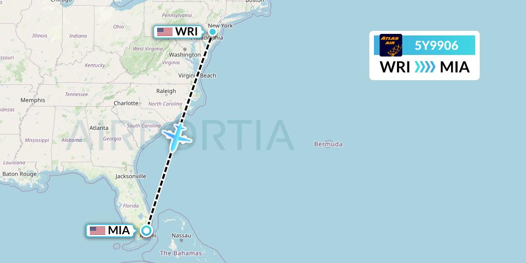 5Y9906 Atlas Air Flight Map: Wrightstown to Miami