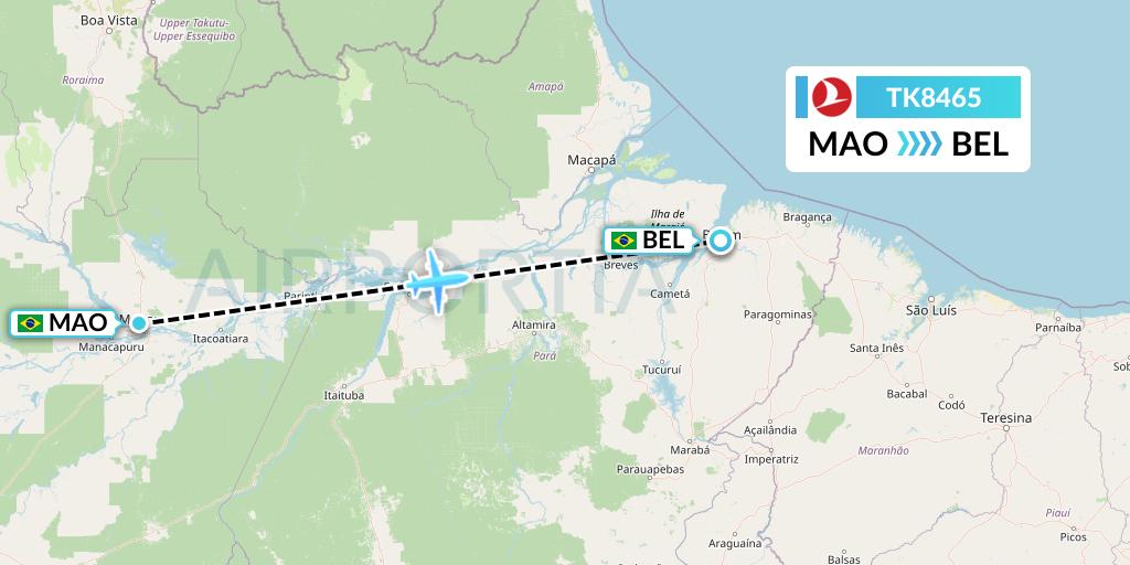 TK8465 Turkish Airlines Flight Map: Manaus to Belem