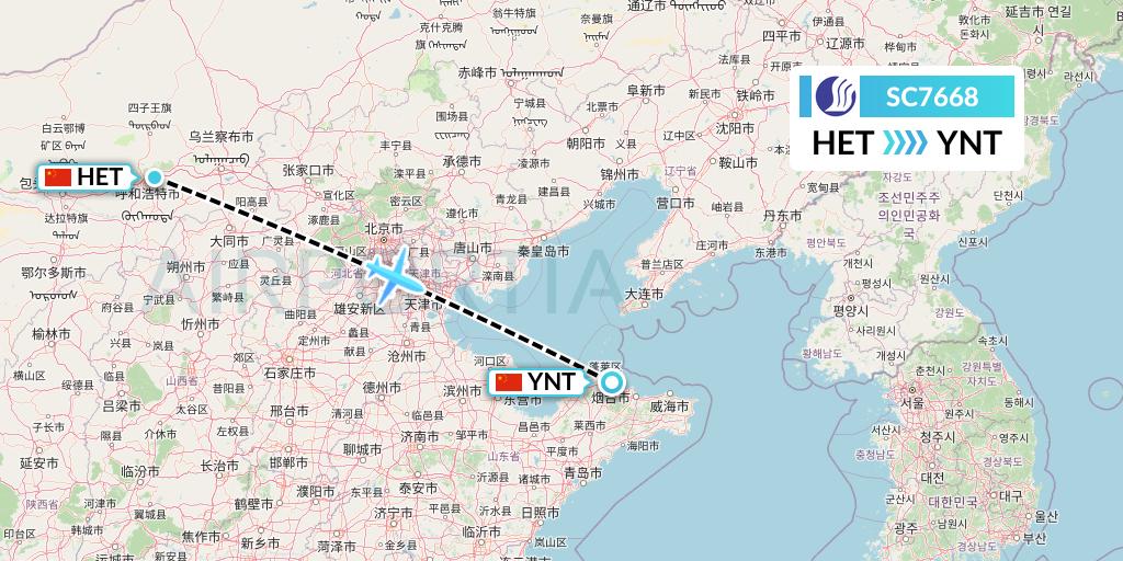 SC7668 Shandong Airlines Flight Map: Hohhot to Yantai