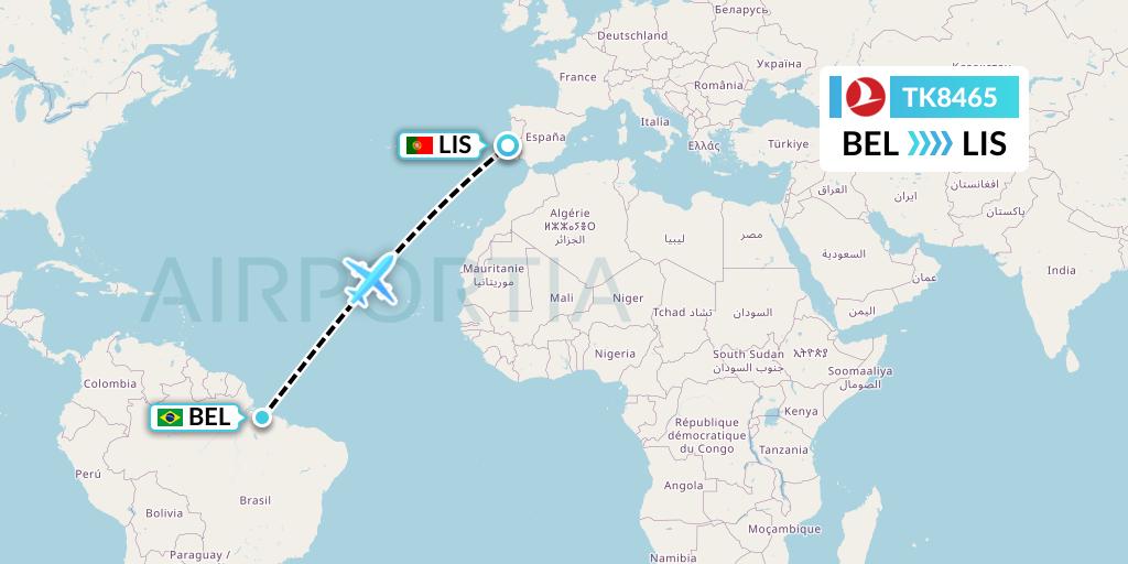 TK8465 Turkish Airlines Flight Map: Belem to Lisbon