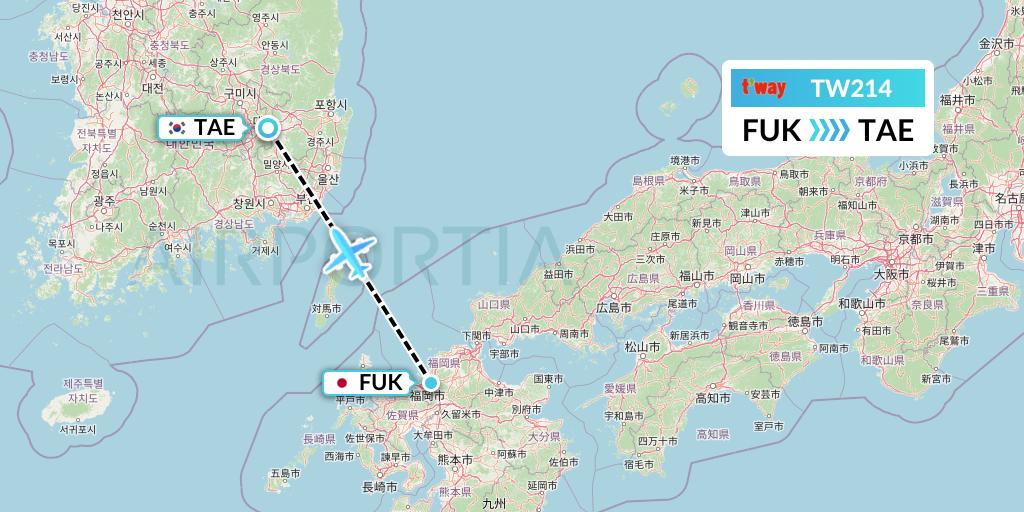 TW214 T'way Air Flight Map: Fukuoka to Daegu