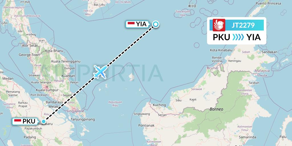 JT2279 Lion Airlines Flight Map: Pekanbaru to Yogyakarta