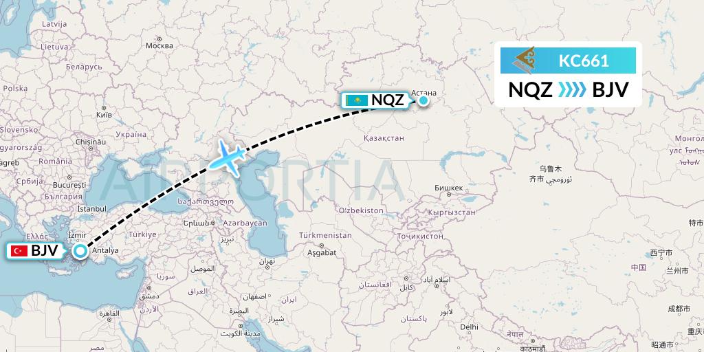 KC661 Air Astana Flight Map: Astana to Bodrum