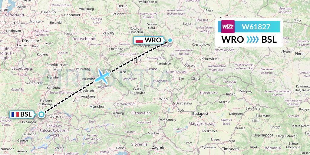 W61827 Wizz Air Flight Map: Wroclaw to Basel