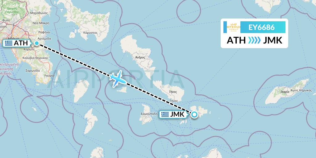 EY6686 Etihad Airways Flight Map: Athens to Mykonos