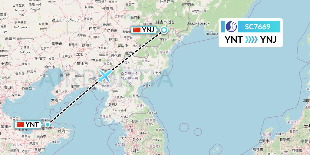 SC7669 Shandong Airlines Flight Map: Yantai to Yanji