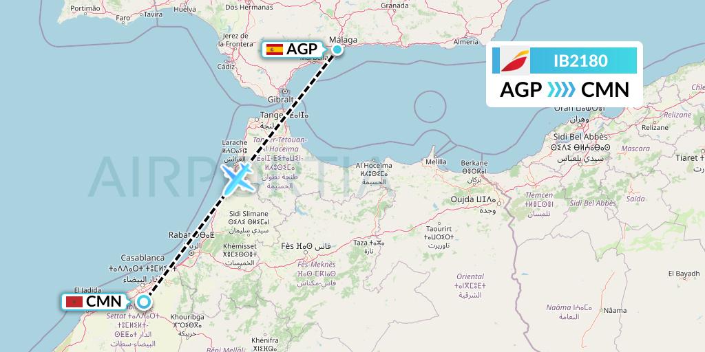 IB2180 Iberia Flight Map: Malaga to Casablanca