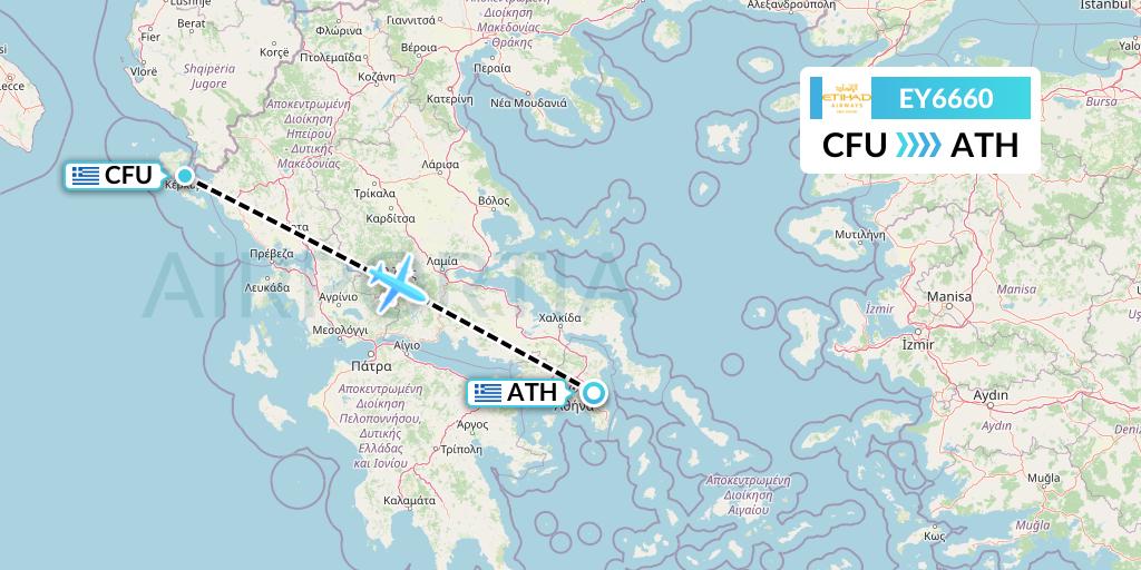 EY6660 Etihad Airways Flight Map: Corfu to Athens