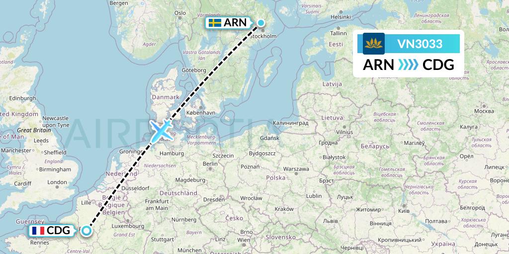 VN3033 Vietnam Airlines Flight Map: Stockholm to Paris