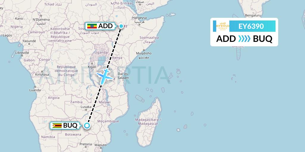EY6390 Etihad Airways Flight Map: Addis Ababa to Bulawayo