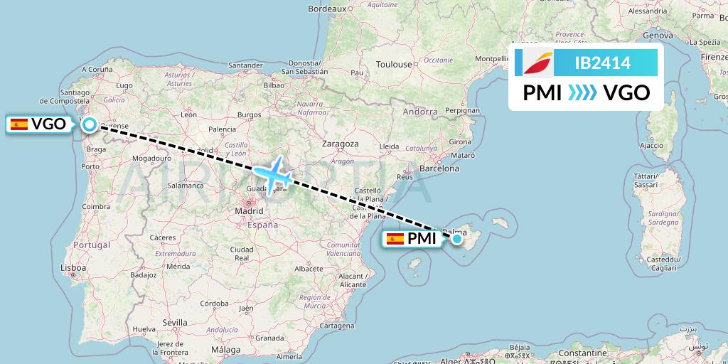 IB2414 Iberia Flight Map: Palma de Mallorca to Vigo