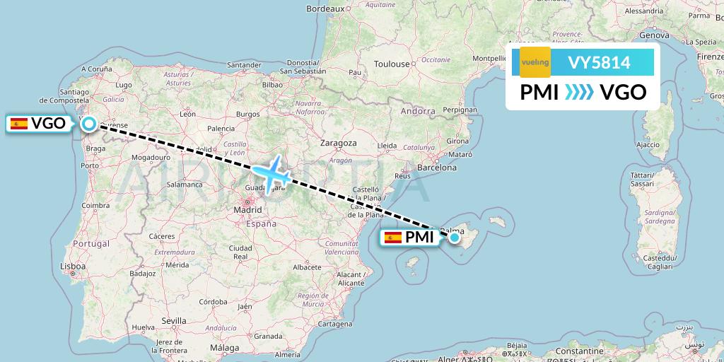 VY5814 Vueling Flight Map: Palma de Mallorca to Vigo
