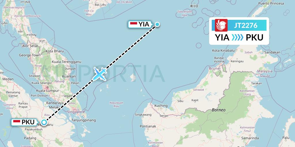 JT2276 Lion Airlines Flight Map: Yogyakarta to Pekanbaru