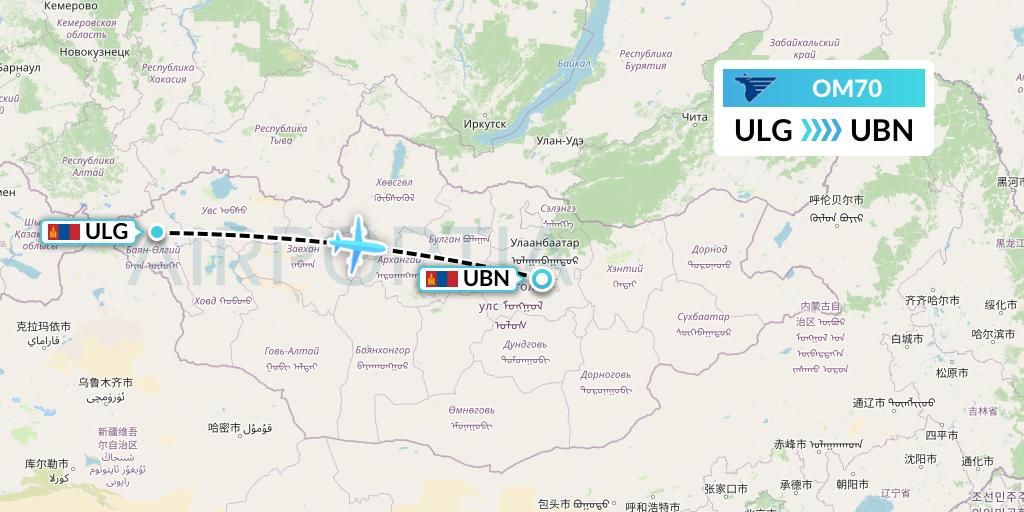 OM70 MIAT Mongolian Airlines Flight Map: Mongolia to Ulan Bator