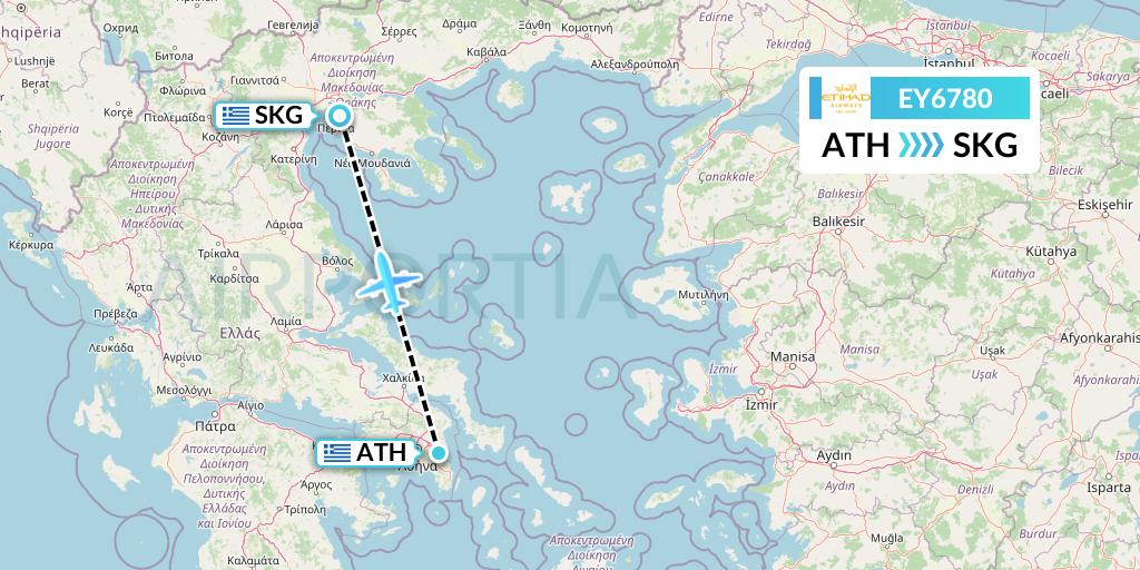 EY6780 Etihad Airways Flight Map: Athens to Thessaloniki