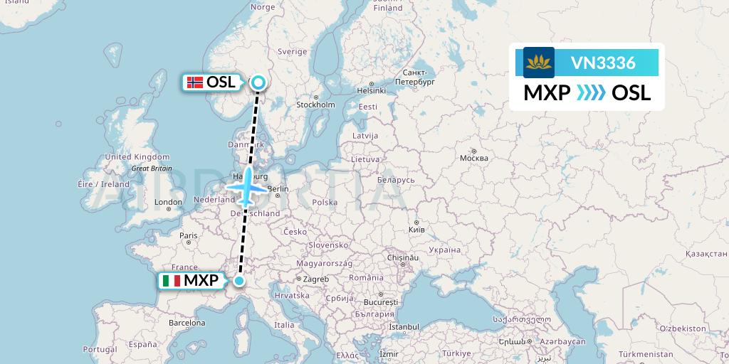 VN3336 Vietnam Airlines Flight Map: Milan to Oslo