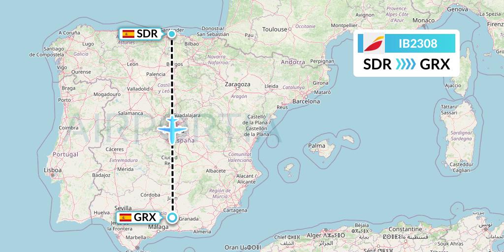IB2308 Iberia Flight Map: Santander to Granada