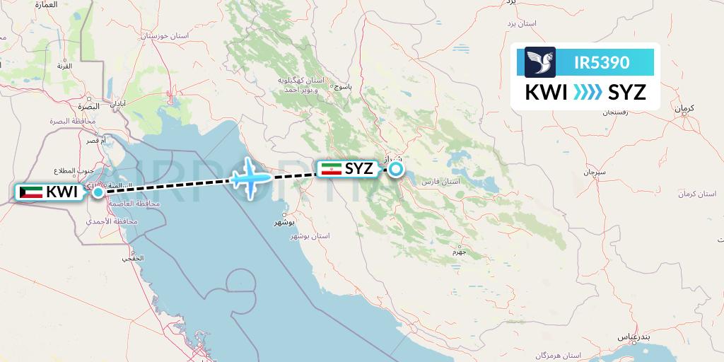 IR5390 Iran Air Flight Map: Kuwait City to Shiraz