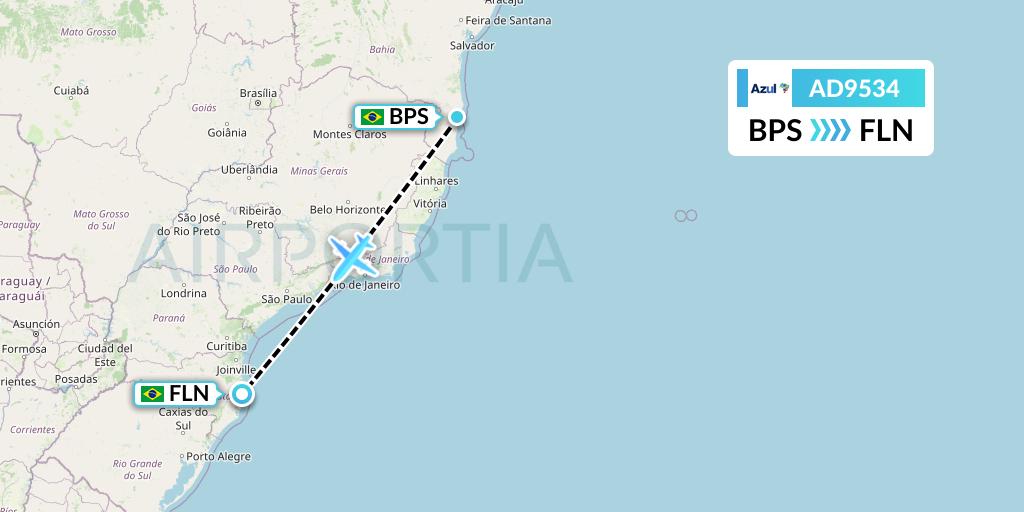 AD9534 Azul Brazilian Airlines Flight Map: Porto Seguro to Florianopolis