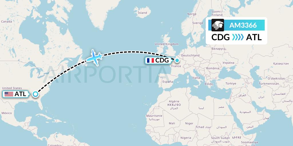 AM3366 Aeromexico Flight Map: Paris to Atlanta