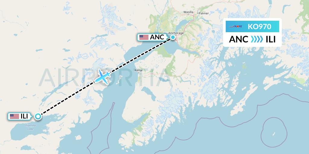 KO970 Komiaviatrans Flight Map: Anchorage to Iliamna
