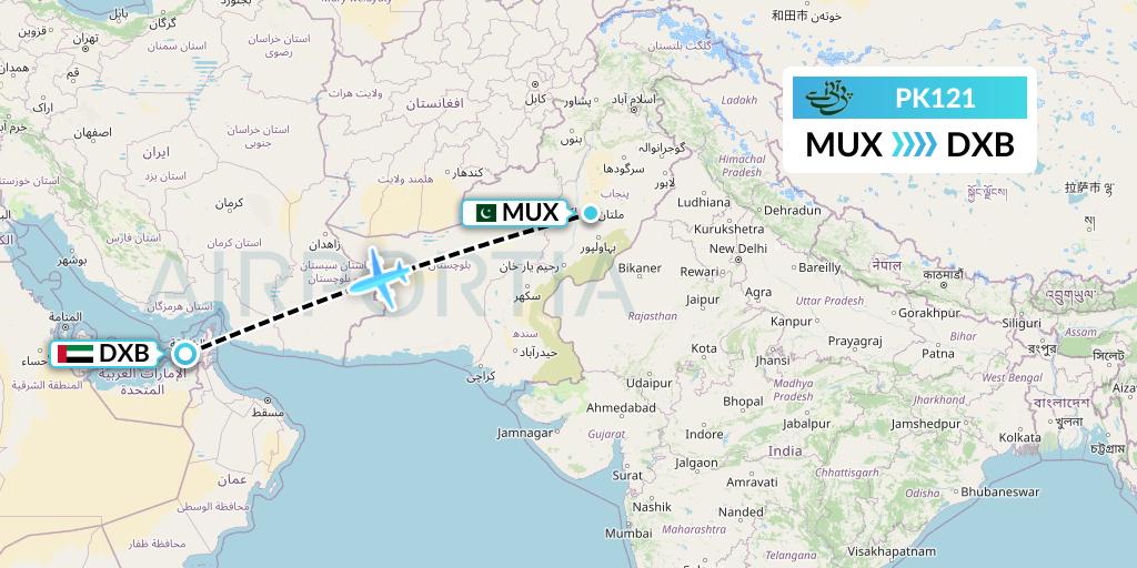 PK121 Pakistan International Airlines Flight Map: Multan to Dubai