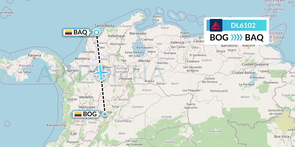 DL6102 Delta Air Lines Flight Map: Bogota to Barranquilla