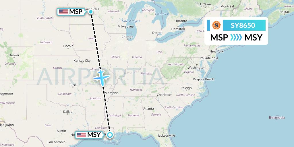 SY8650 Sun Country Airlines Flight Map: Minneapolis to New Orleans