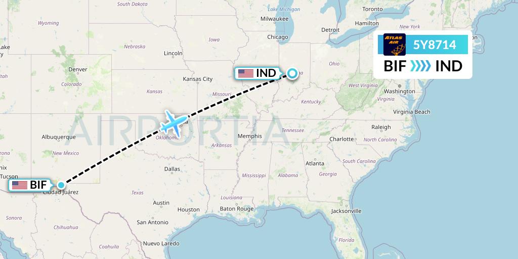 5Y8714 Atlas Air Flight Map: Fort Bliss-El Paso to Indianapolis