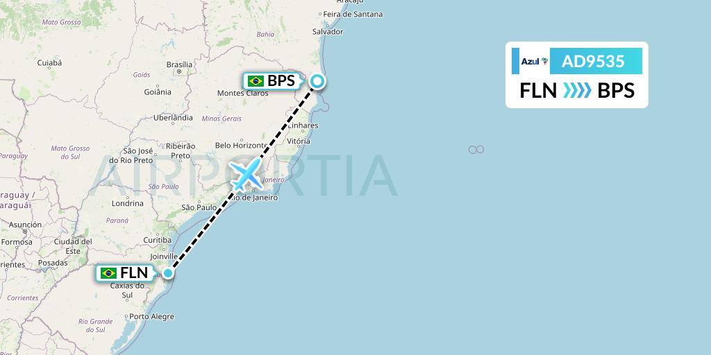 AD9535 Azul Brazilian Airlines Flight Map: Florianopolis to Porto Seguro