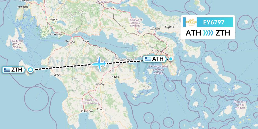 EY6797 Etihad Airways Flight Map: Athens to Zakynthos