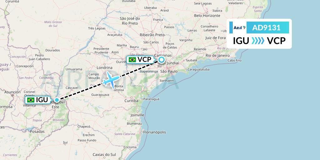 AD9131 Azul Brazilian Airlines Flight Map: Foz do Iguacu to Campinas