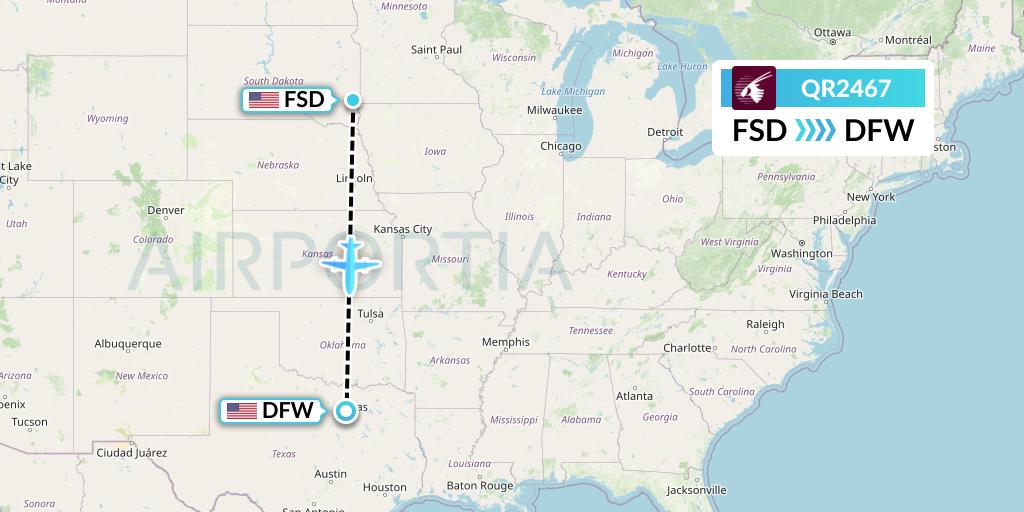 QR2467 Qatar Airways Flight Map: Sioux Falls to Dallas