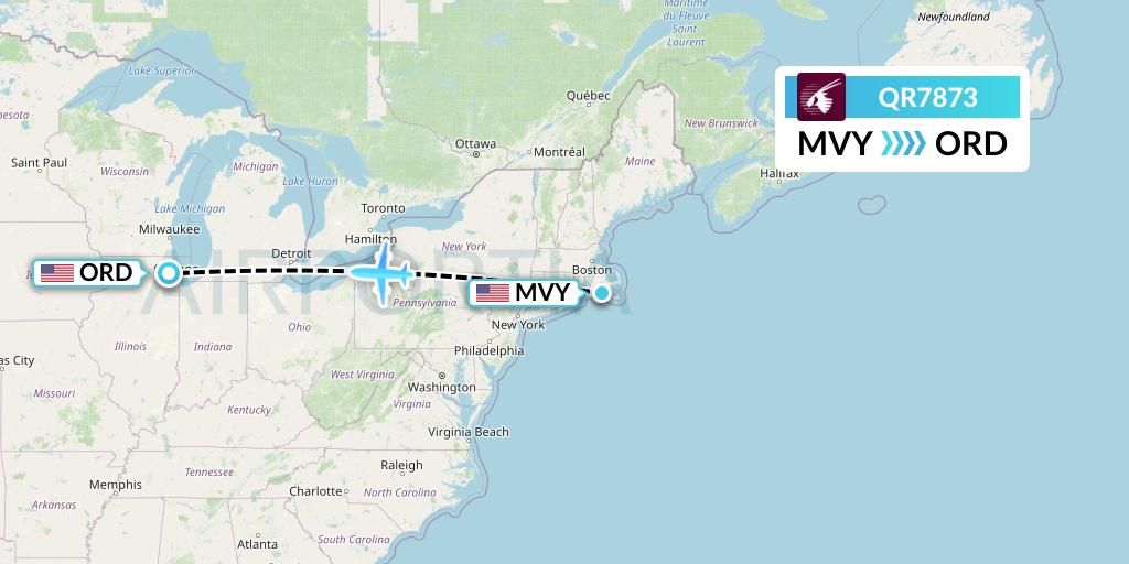 QR7873 Qatar Airways Flight Map: Martha's Vineyard to Chicago