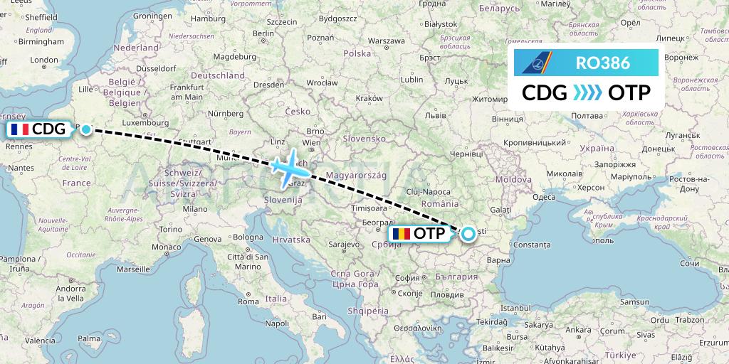 RO386 Tarom Flight Map: Paris to Bucharest