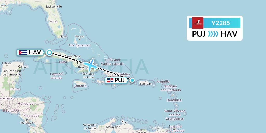Y2285 Air Century Flight Map: Punta Cana to Havana