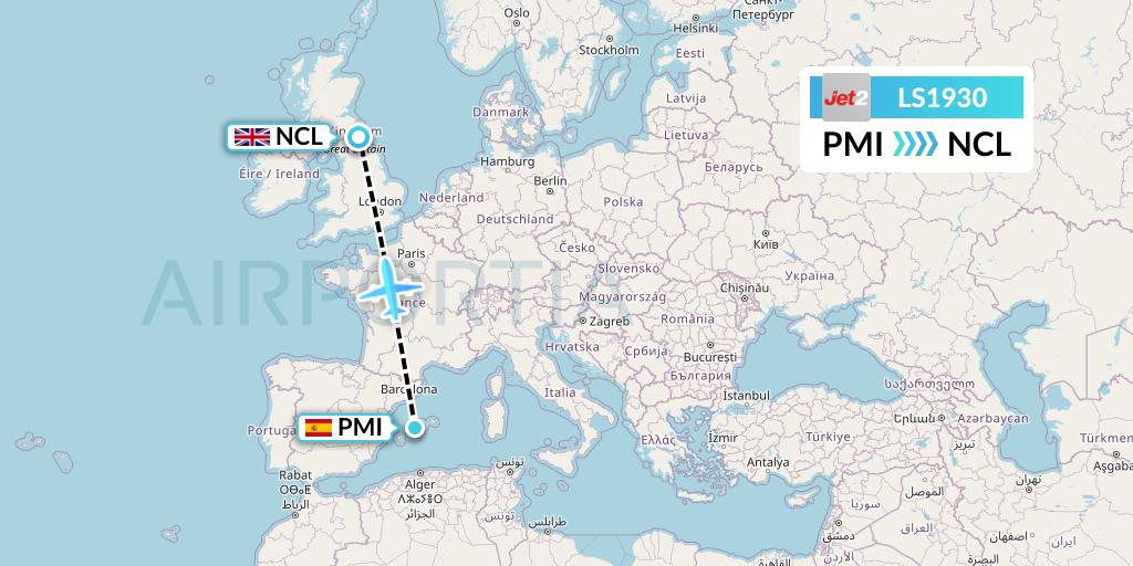 LS1930 Jet2 Flight Map: Palma de Mallorca to Newcastle