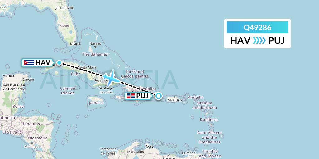 Q49286 Euroairlines Flight Map: Havana to Punta Cana