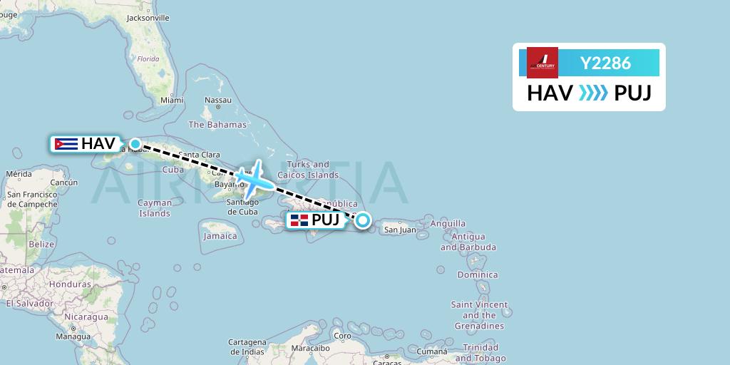 Y2286 Air Century Flight Map: Havana to Punta Cana