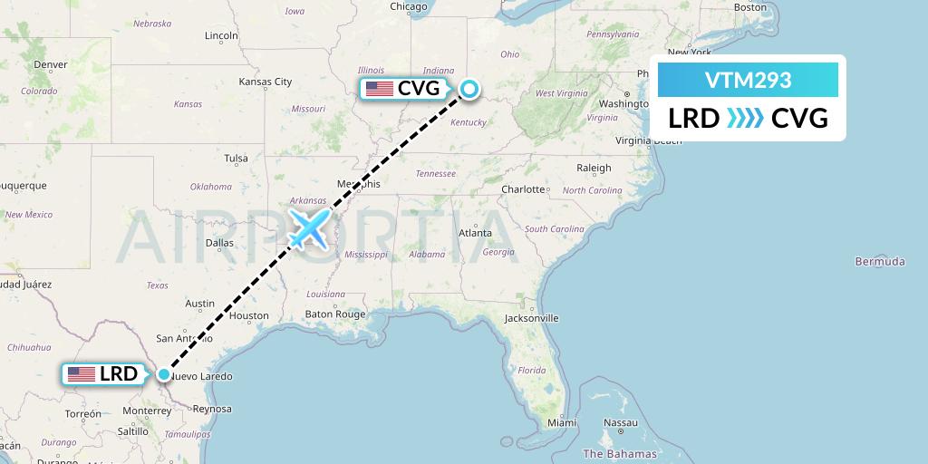 VTM293 Aeronaves TSM Flight Map: Laredo to Cincinnati