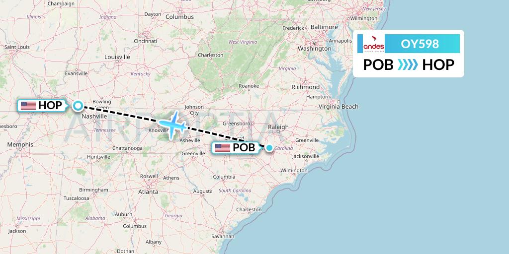 OY598 Omni Air International Flight Map: Fayetteville to Hopkinsville