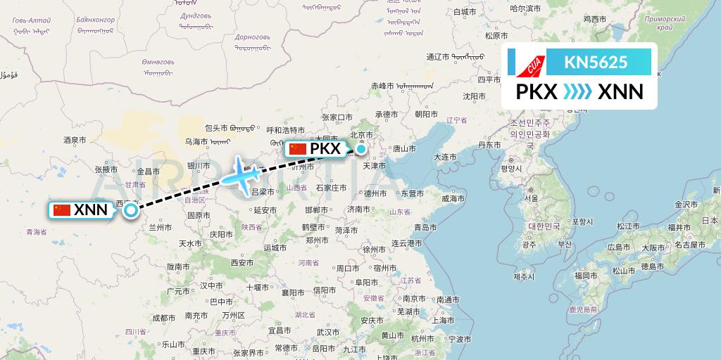 KN5625 China United Airlines Flight Map: Beijing to Xining