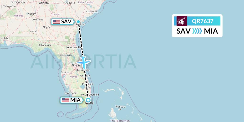 QR7637 Qatar Airways Flight Map: Savannah to Miami