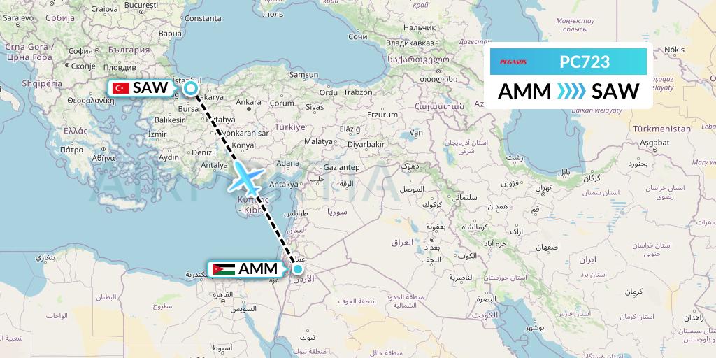 PC723 Pegasus Airlines Flight Map: Amman to Istanbul