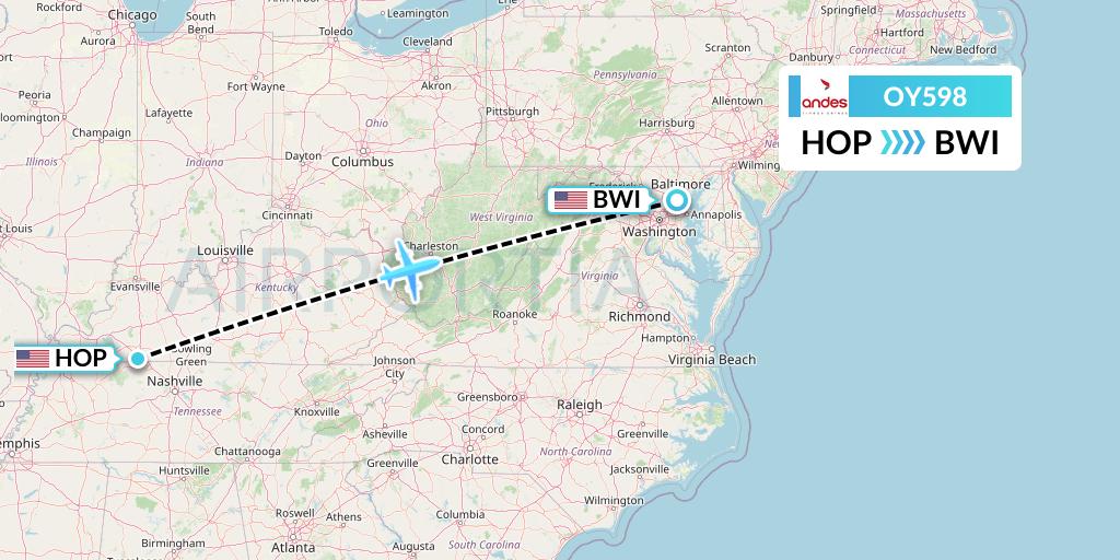 OY598 Omni Air International Flight Map: Hopkinsville to Baltimore