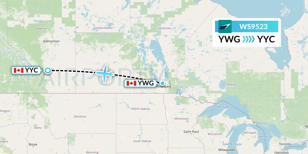 WS9523 WestJet Flight Map: Winnipeg to Calgary