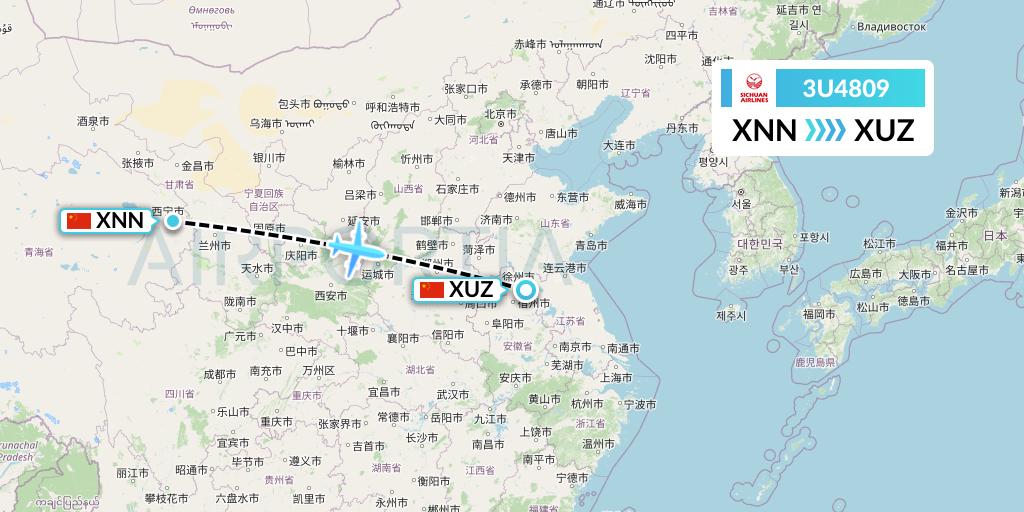3U4809 Sichuan Airlines Flight Map: Xining to Xuzhou