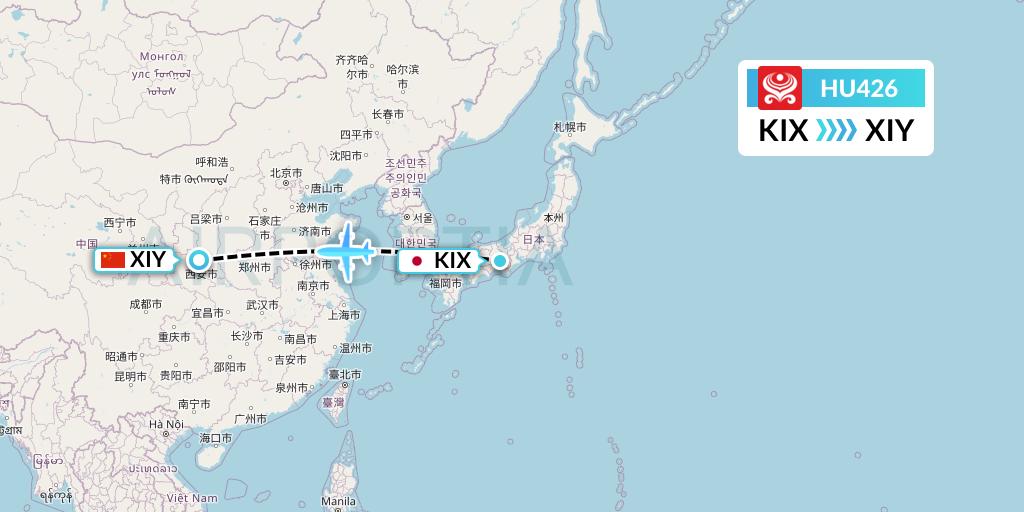 HU426 Hainan Airlines Flight Map: Osaka to Xi'an