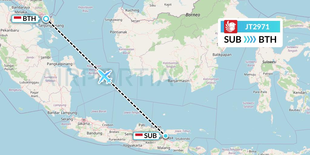JT2971 Lion Airlines Flight Map: Surabaya to Batam
